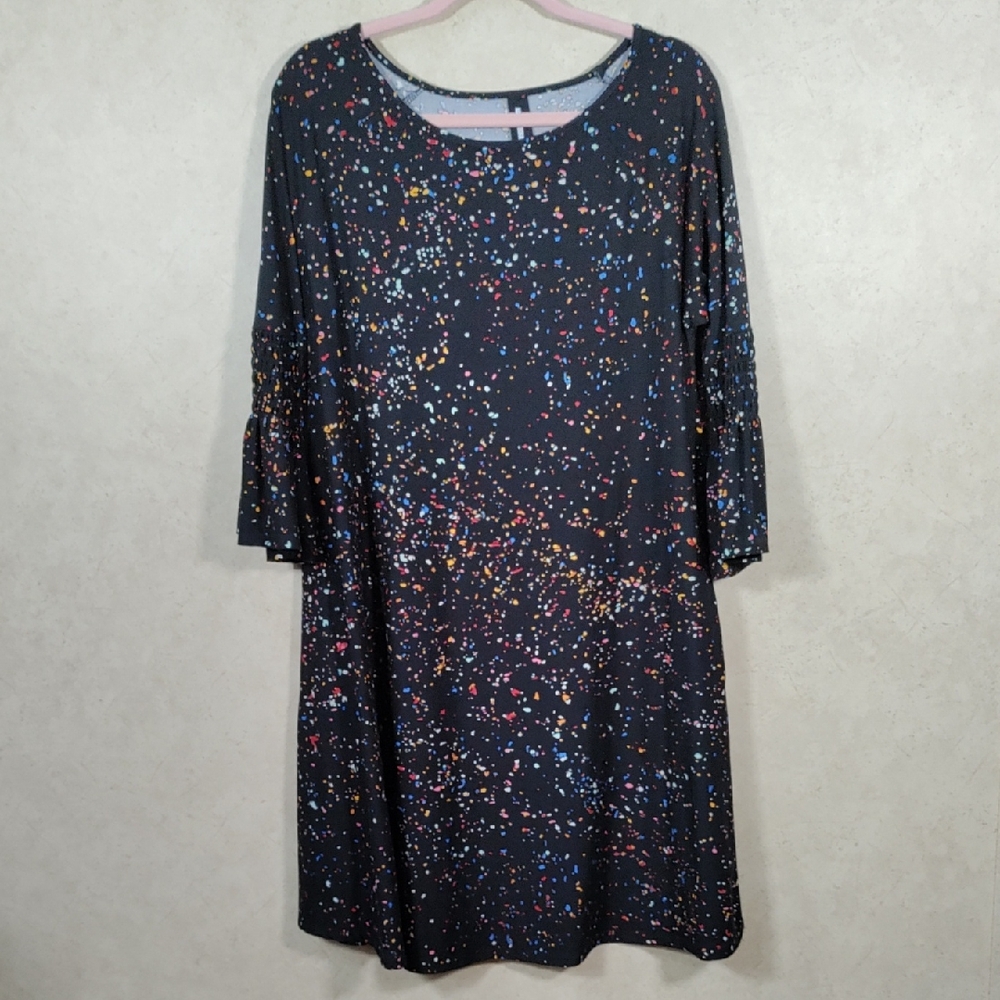 2/$15 5156 Agnes & Dora black w/confetti print bell sleeve knit dress L